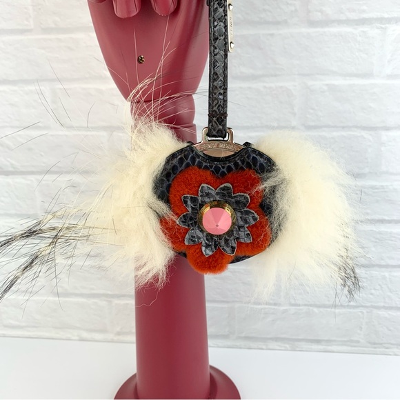 Authentic FENDI Mirror Floral Python Skin Leather Fur Bag Bug Charm - Picture 13 of 16